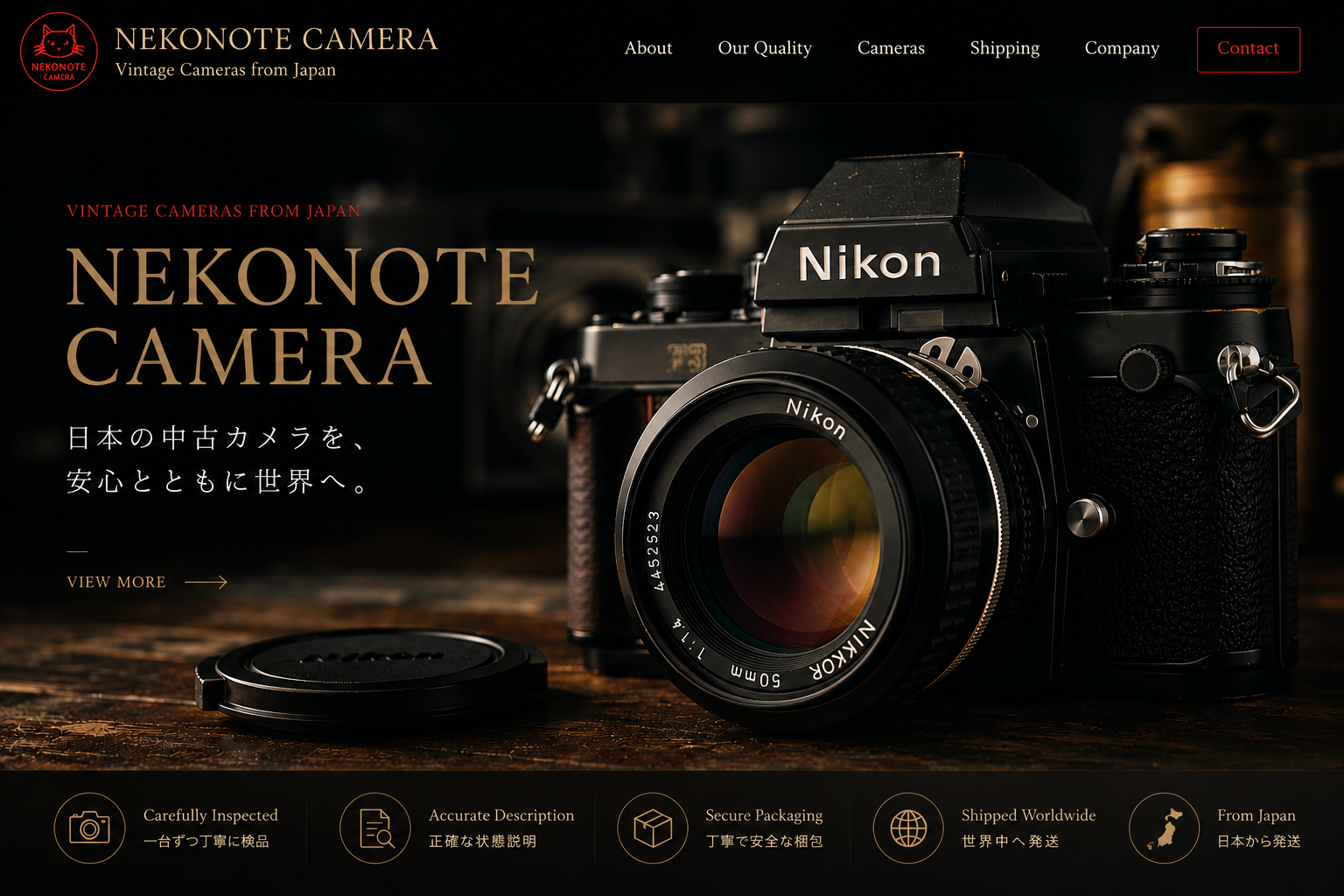 ヴィンテージNikonカメラを配したNEKONOTE CAMERAのメインビジュアル